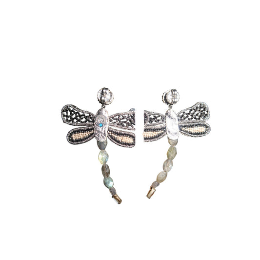 Deepa Gurnani Dragonflies Beaded Statement Earrings Silver Gunmetal Cream OS