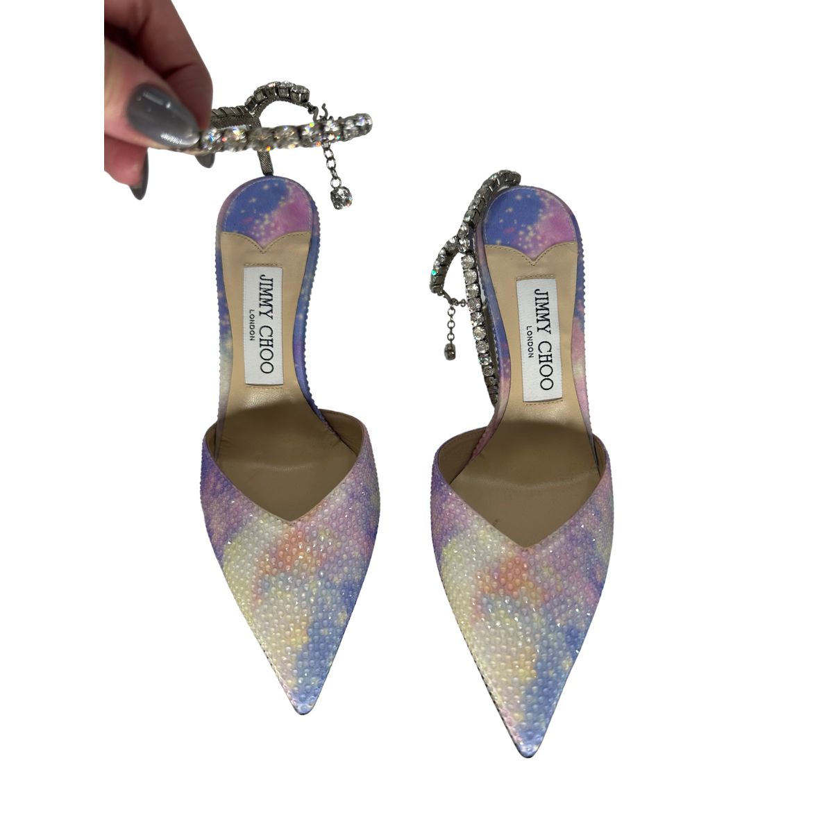 Jimmy Choo Silk Crystal Saeda Ankle Strap Pointed Pumps Heels