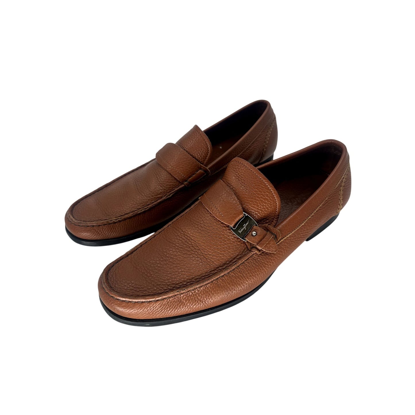 Salvatore Ferragamo Gancini Pebbled Leather Loafers Brown Men's Size 12 D