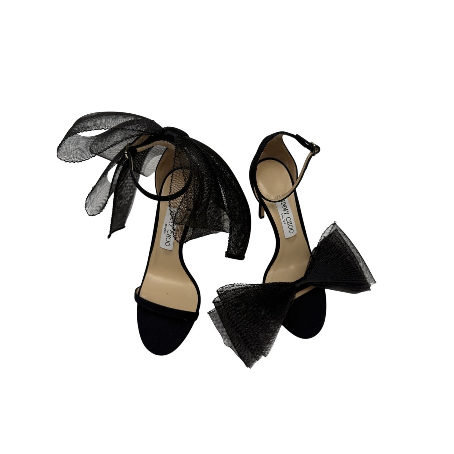 Jimmy Choo Suede Aveline Mesh Bow Accent Heeled Sandals
