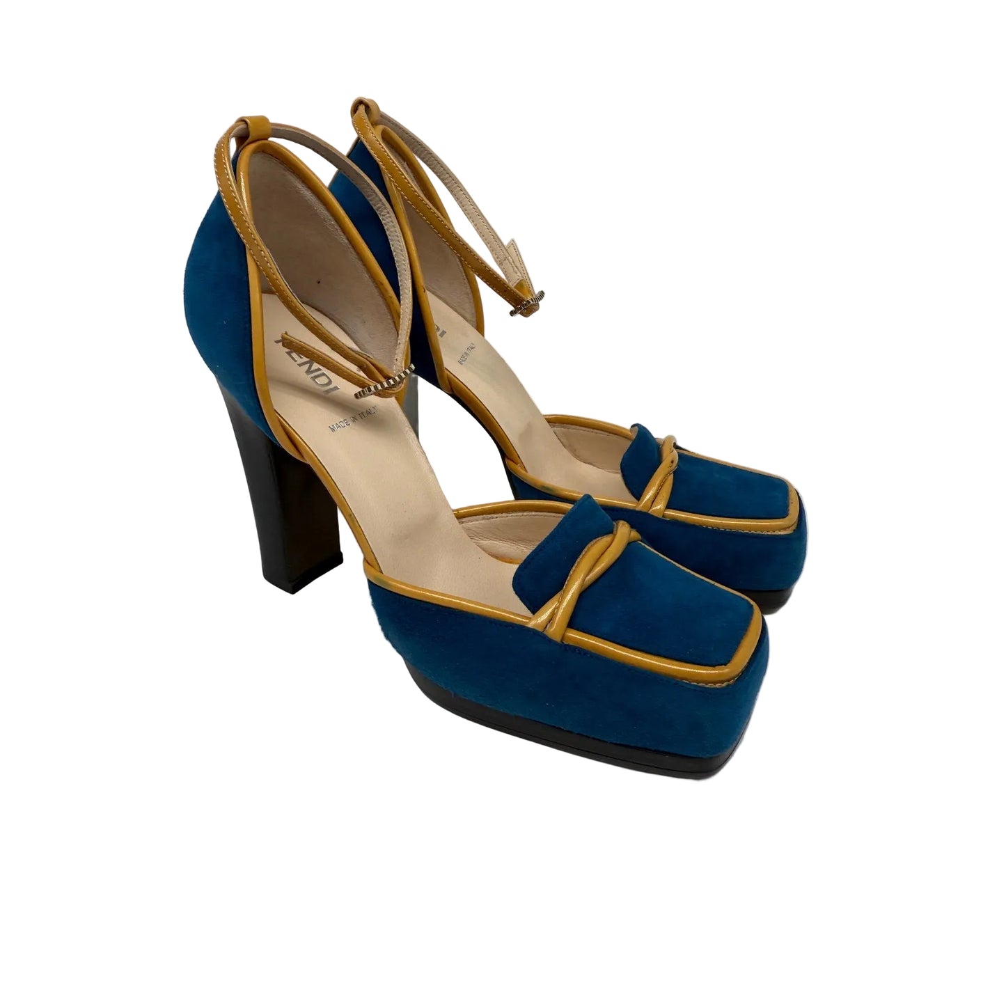 Fendi Suede Leather Trim Square Toe Block Heels Pumps