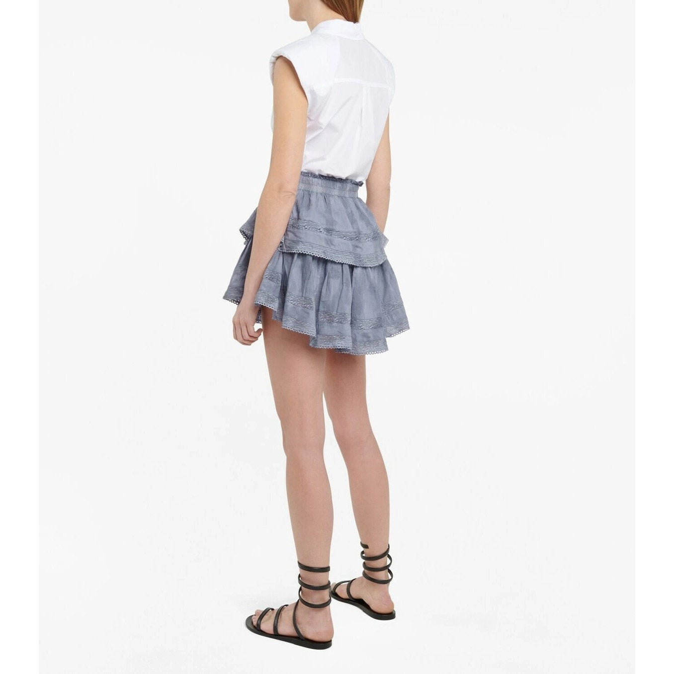 LoveShackFancy Cotton Mini Skirt with Lace Trim, Ruffles, and Pleated Tiers
