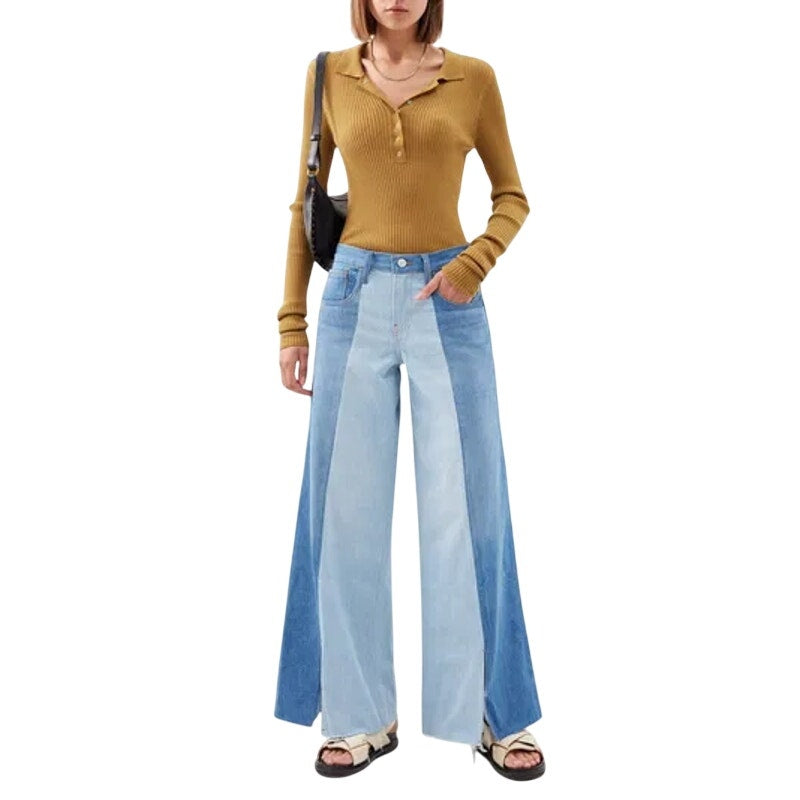 Frame Blue Cotton Denim Split Seam Wide Leg Jeans Two-Toned  Women's