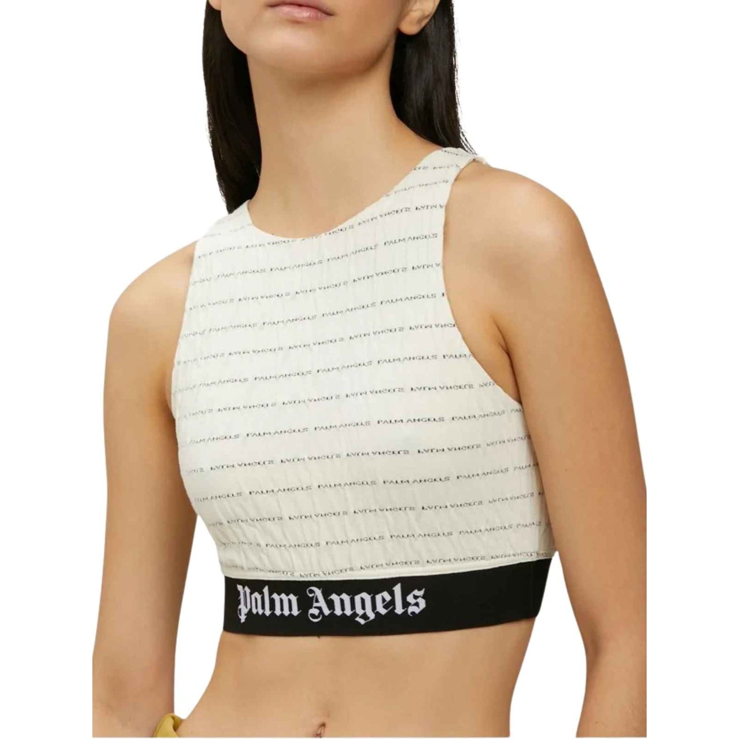 Palm Angels Cotton Blend Logo Print Crinkled Jersey Crop Top Cream Women's XS