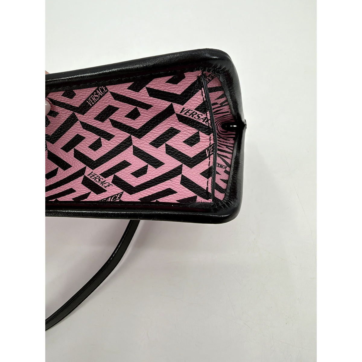 Versace La Greca Pink Black Zip Crossbody Clutch Leather Strap Gold Italy