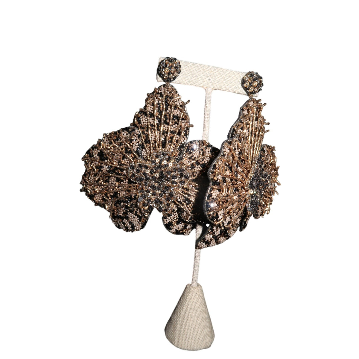 Deepa Gurnani Flower Embroidered Beaded Dangle Earrings Gold Ivory Statement