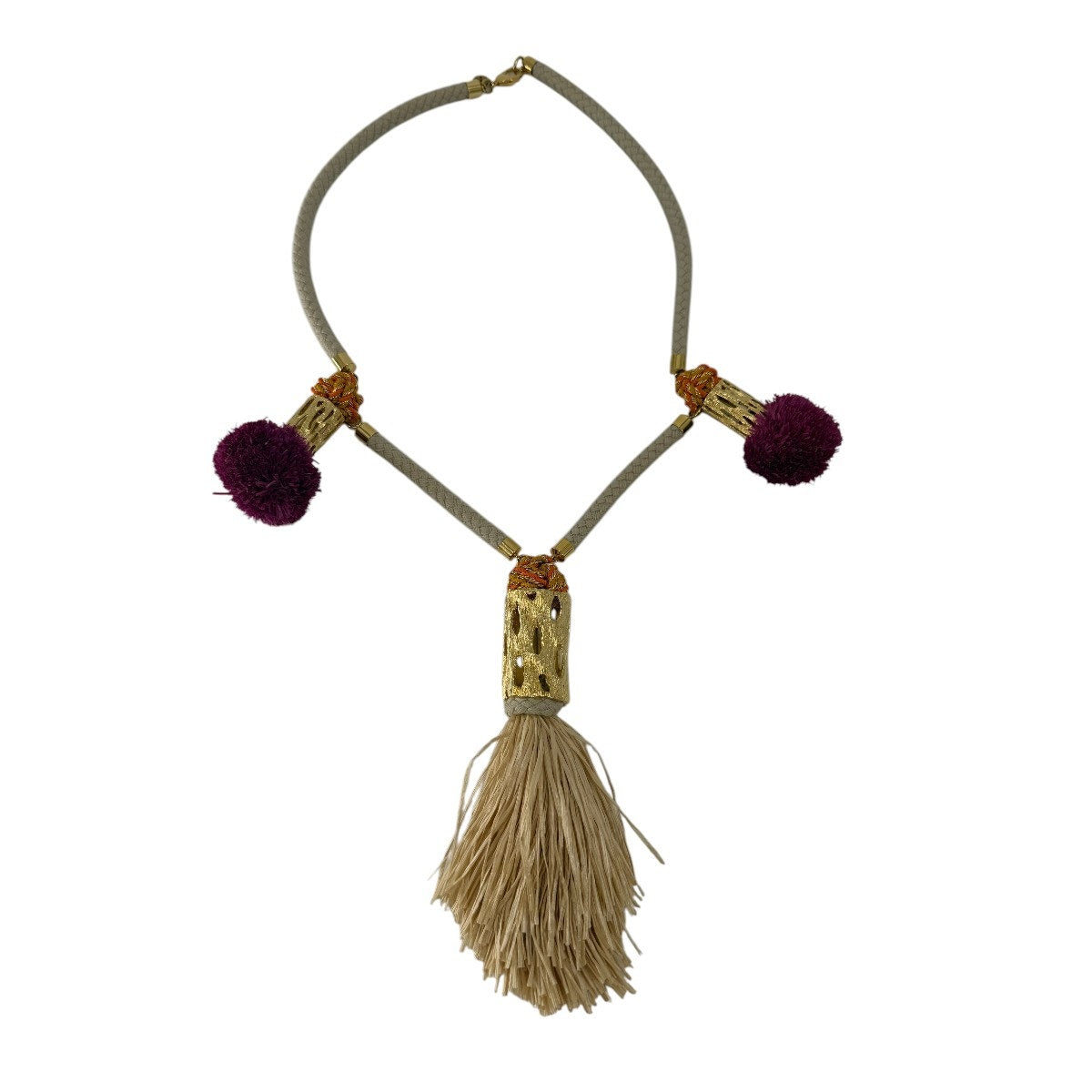 Tory Burch Beige Rope Tassel Statement Necklace Gold Tone Pom Pom