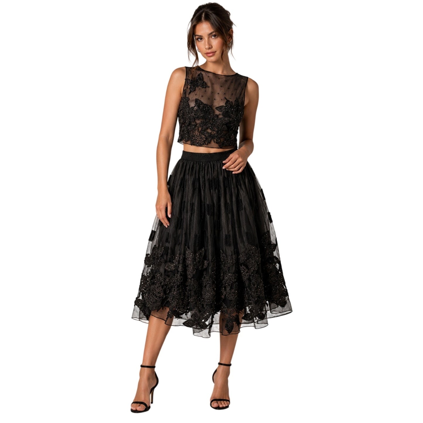 Alice + Olivia Embellished Butterfly Mesh Crop Top Midi Skirt Set