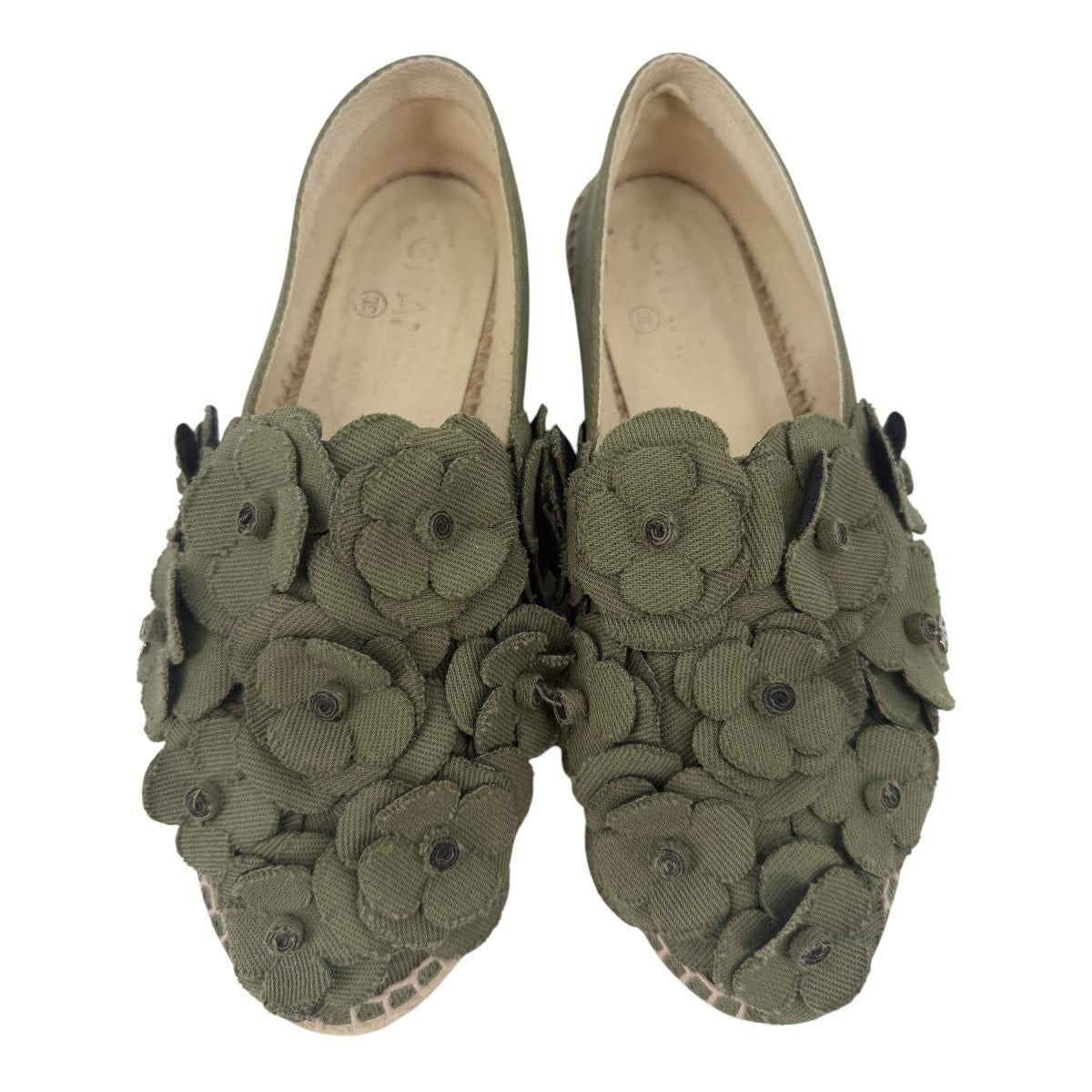 Chanel Camellia Espadrilles Olive Green Slip On Canvas Flats Size 37 / US 6.5