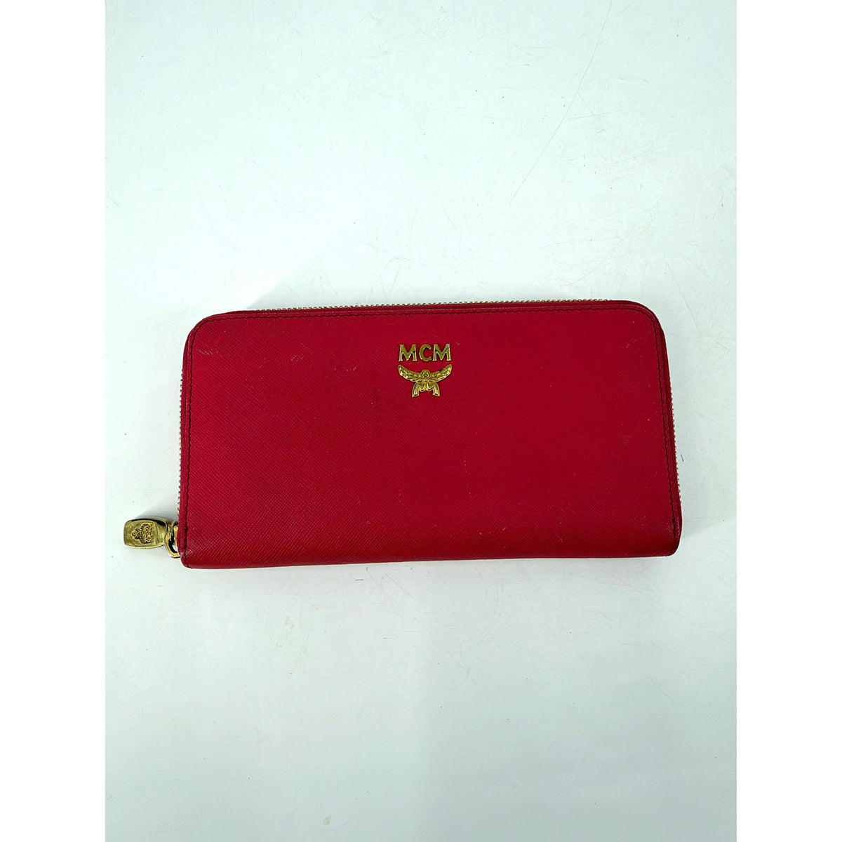 MCM Red Saffiano Leather Zip Around Continental Wallet Gold