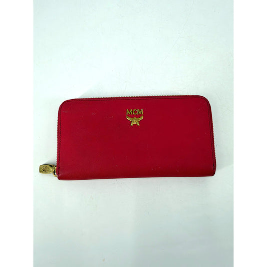 MCM Red Saffiano Leather Zip Around Continental Wallet Gold