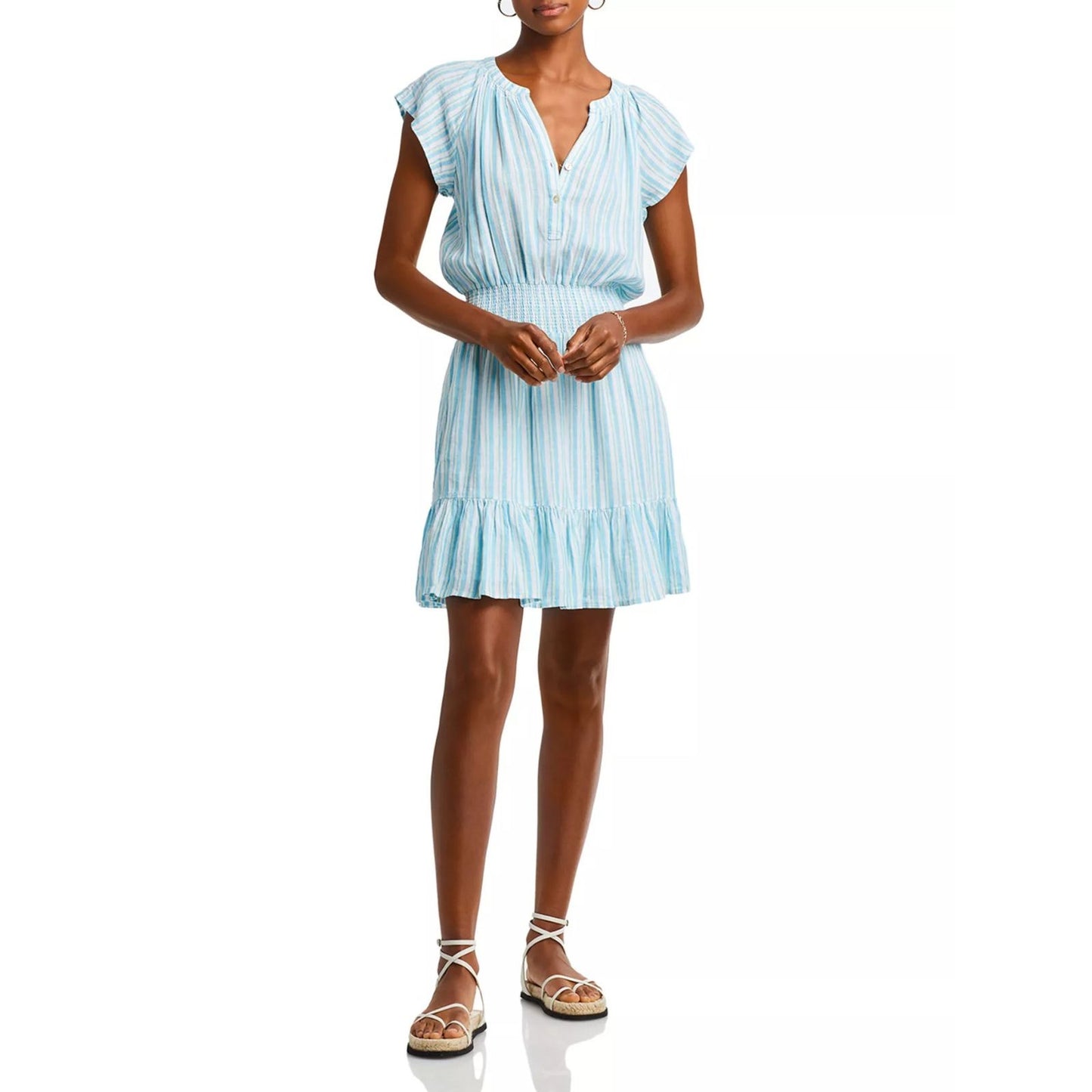 Rails Augustine Laguna Stripe Linen Blend Smocked Mini Dress Blue Women's Size S