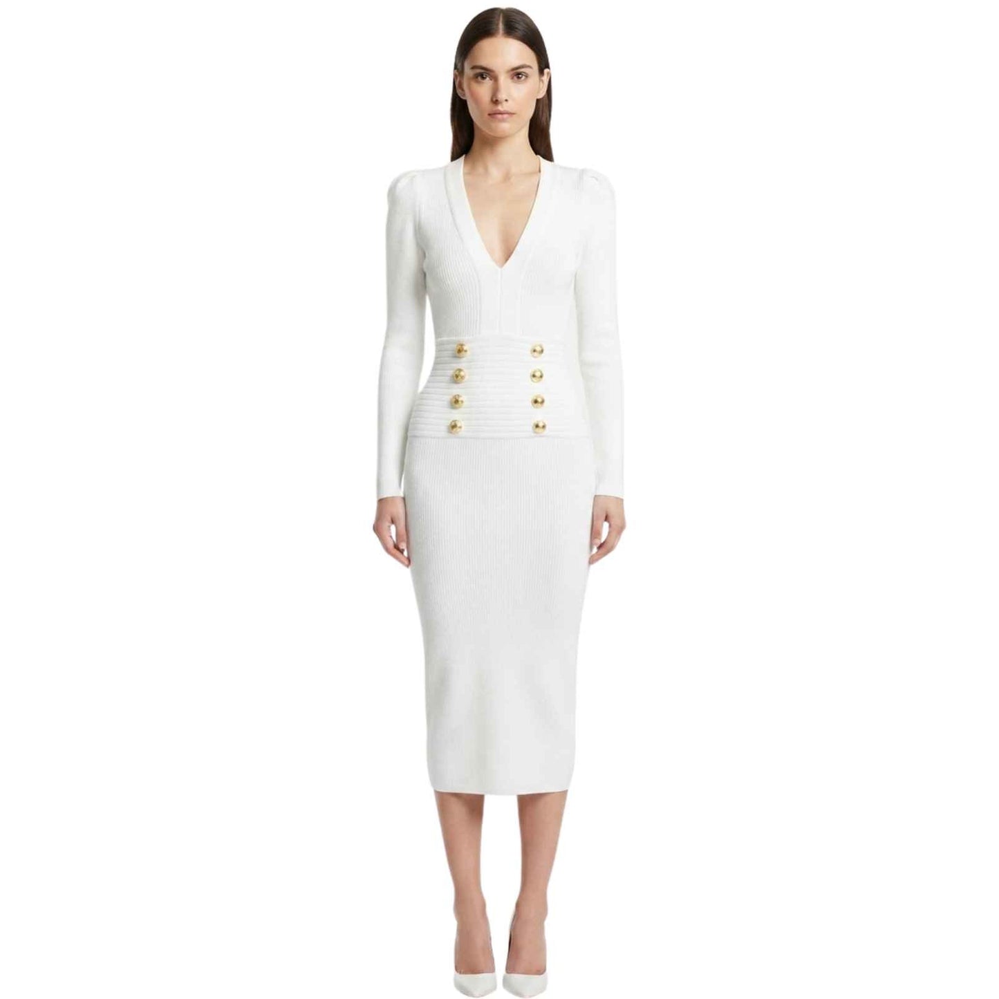 Balmain Ribbed Gold Button Long Sleeve Bodycon Midi Dress