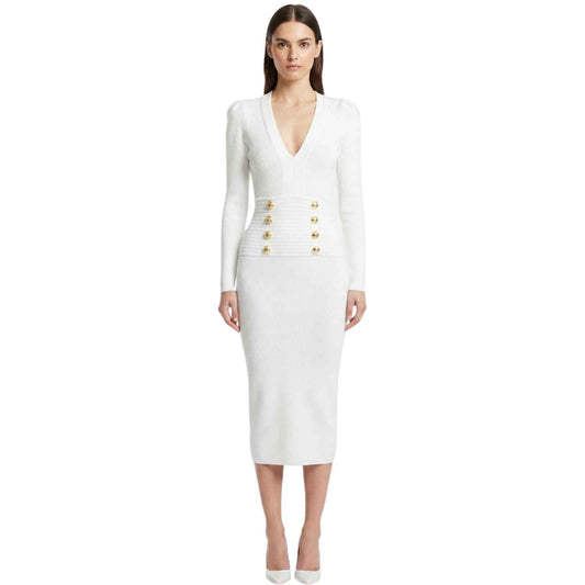 Balmain Ribbed Gold Button Long Sleeve Bodycon Midi Dress