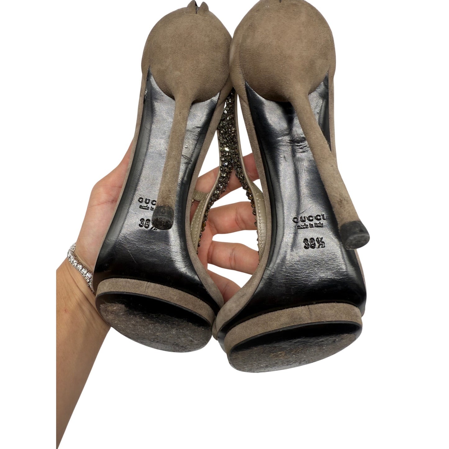 Gucci Suede Crystal Embellishments Naomi T-Strap Sandals