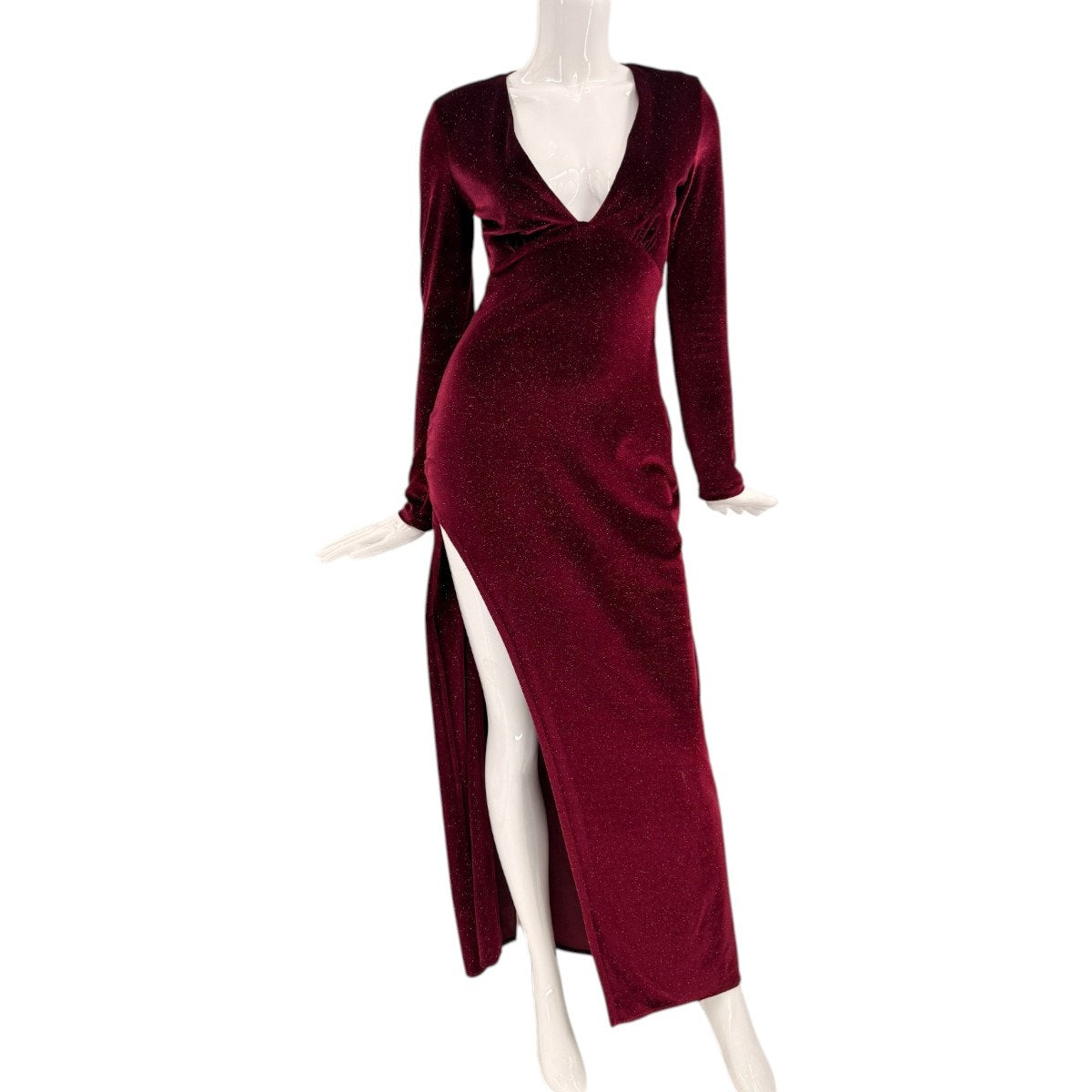 Bershka Special Edition Burgundy Velvet Long Sleeve Maxi Dress