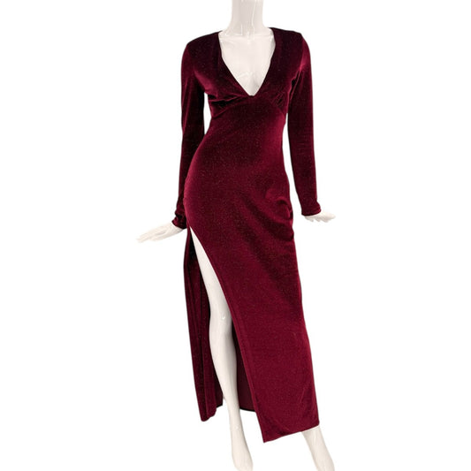 Bershka Special Edition Burgundy Velvet Long Sleeve Maxi Dress