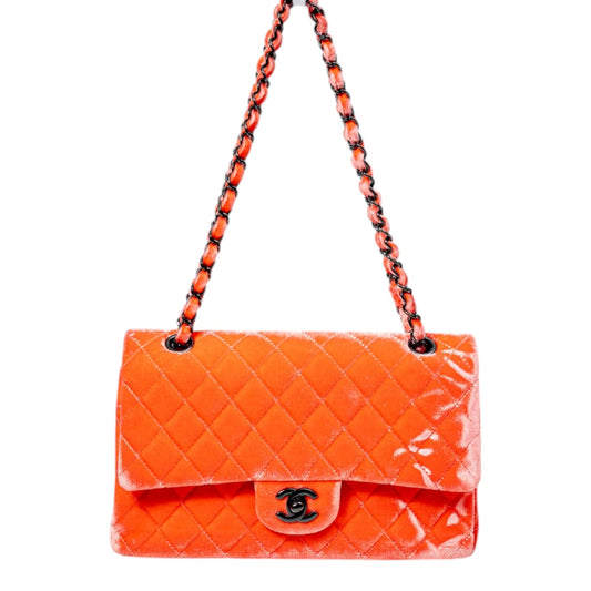 Chanel Velvet Quilted Interlocking CC Classic Flap Medium Shoulder Bag Coral