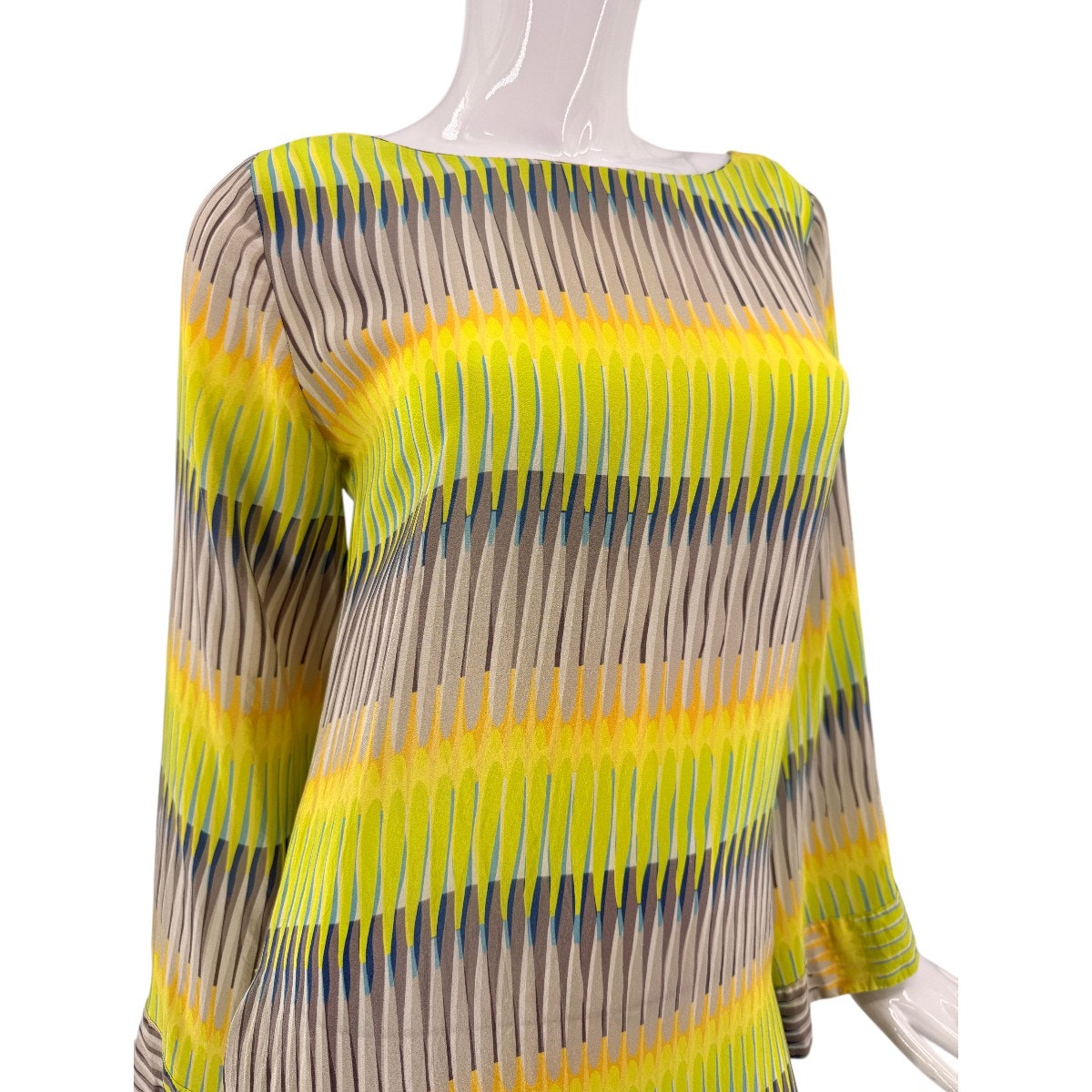 Alexis Silk Geometric Stripe Bell Sleeve Tunic Blouse Yellow Gray Women's Size S