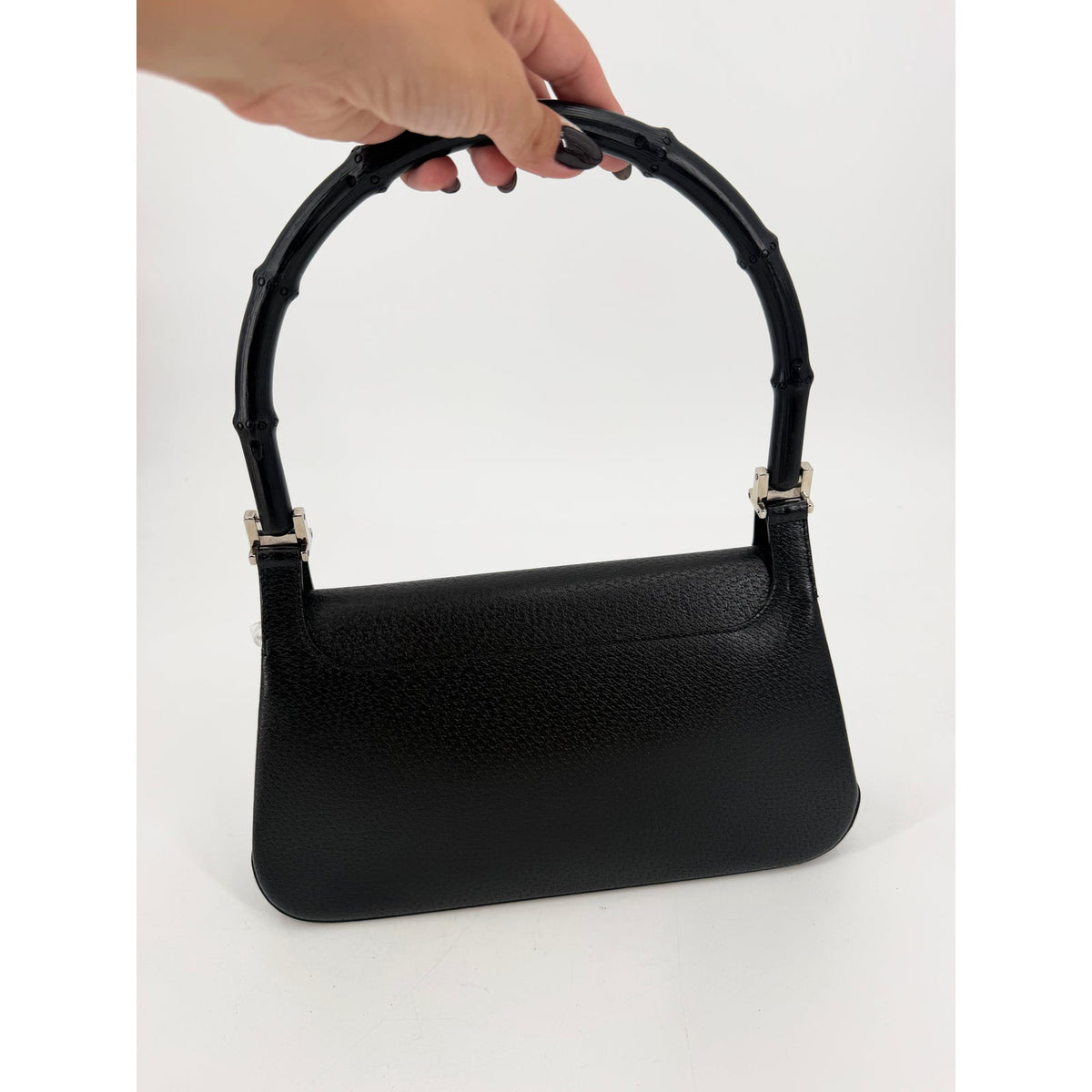 Gucci Bamboo Handle Black Pebbled Leather Shoulder Bag