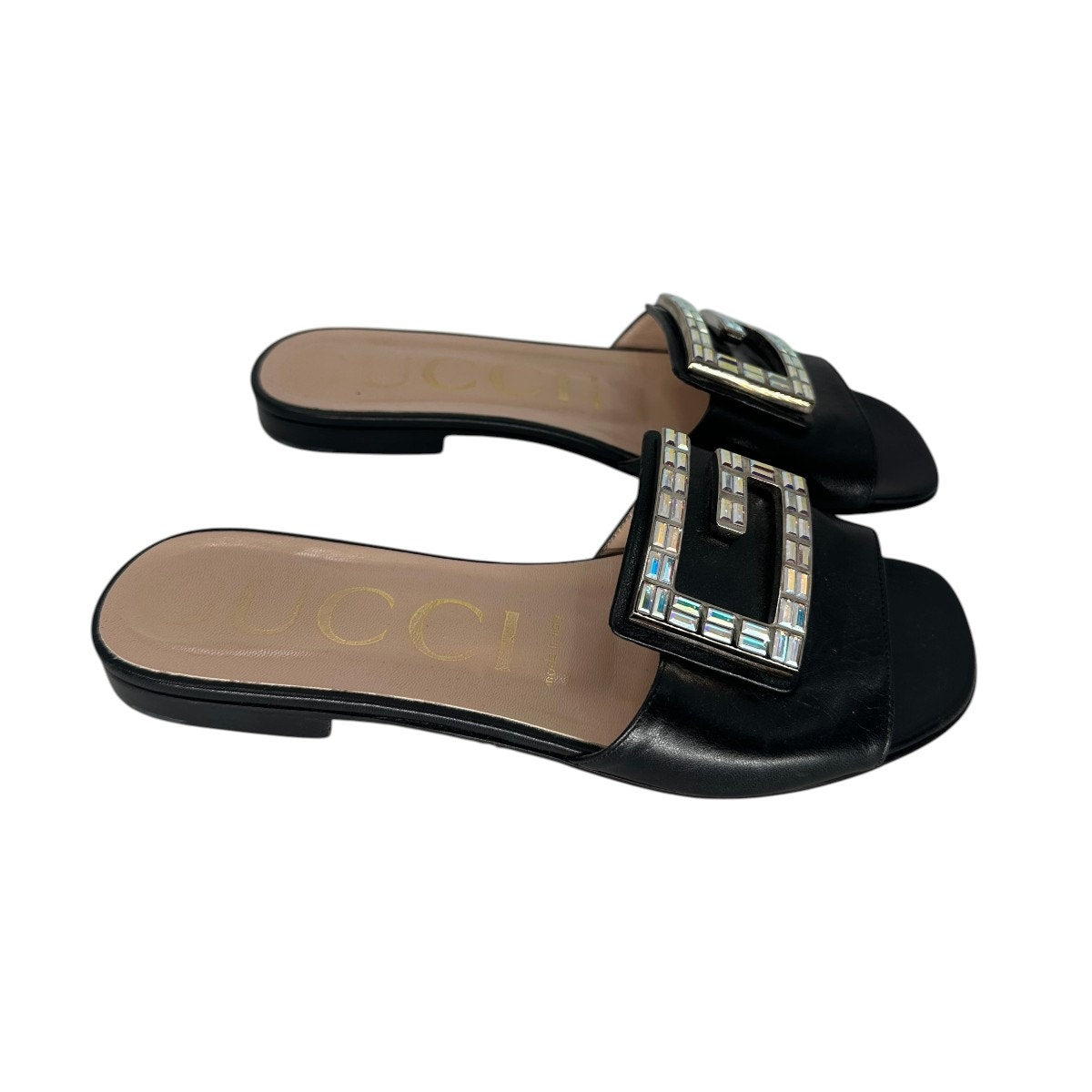 Gucci Leather Madelyn Crystal G Logo Slide Flats Sandals