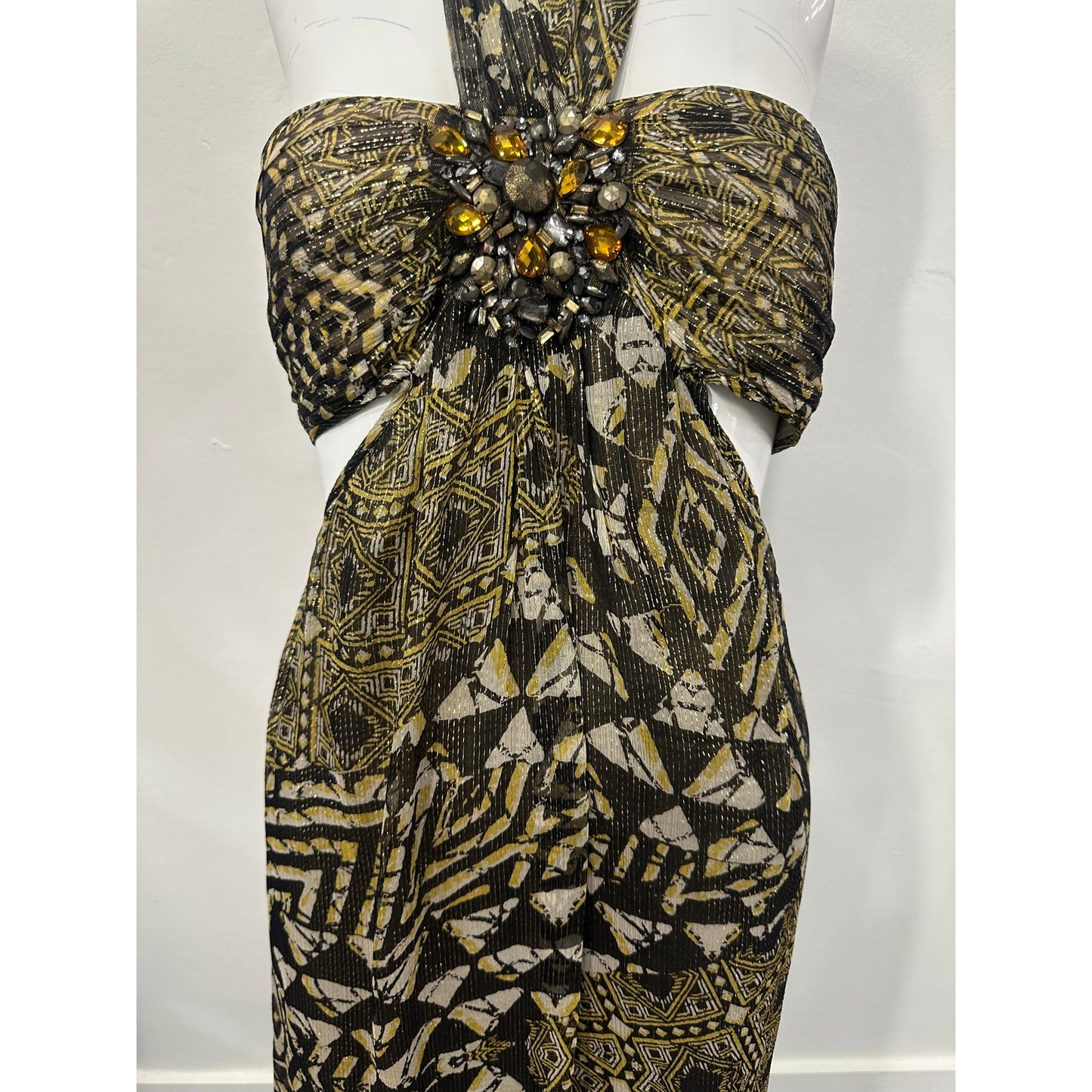 BCBGMAXAZRIA Silk Blend Printed Rhinestone Accent Halter Maxi Dress Green Size 0