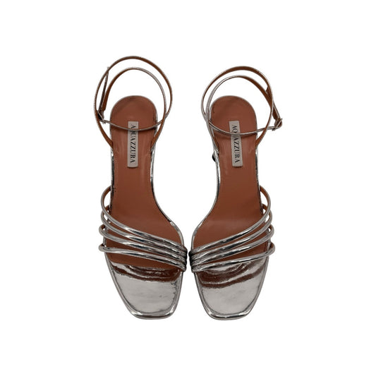 Aquazzura Leather Metallic 75mm Latour Strappy Sandals Silver Women's Size 40