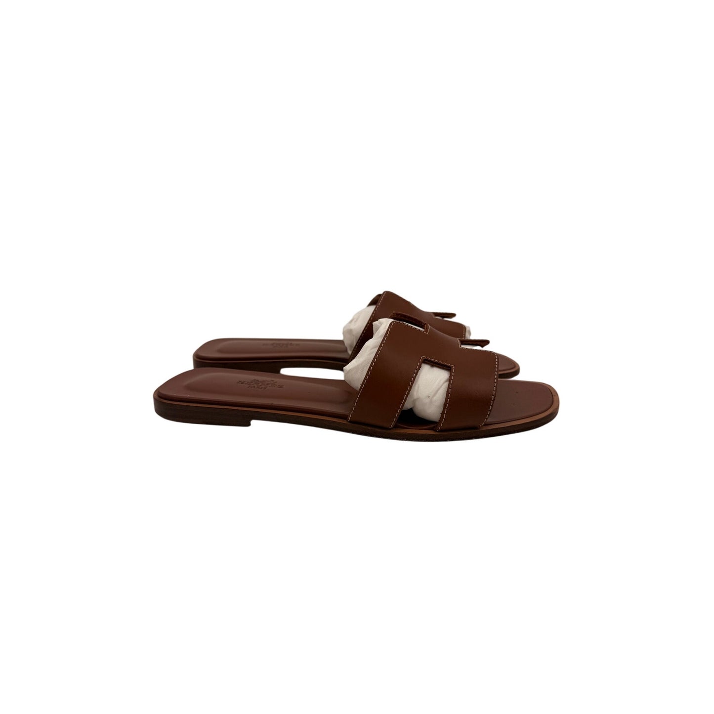 Hermes Oran Leather Open Toe Slip-On Flats Slide Sandals