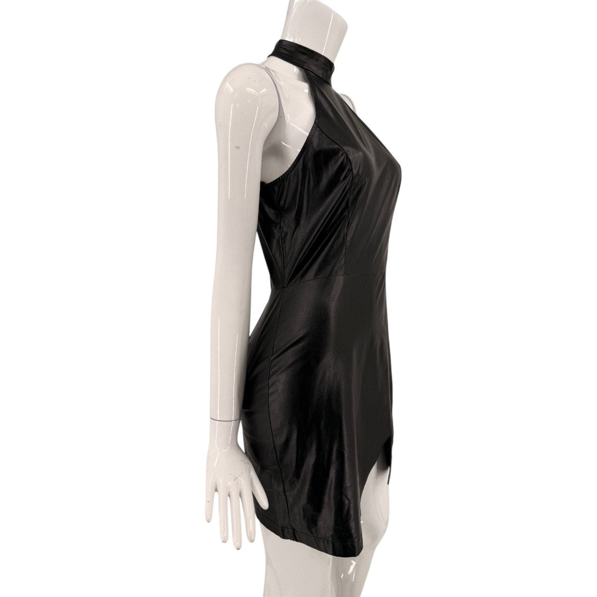 Aqua Faux Leather Halter Neck Sleeveless Mini Dress
