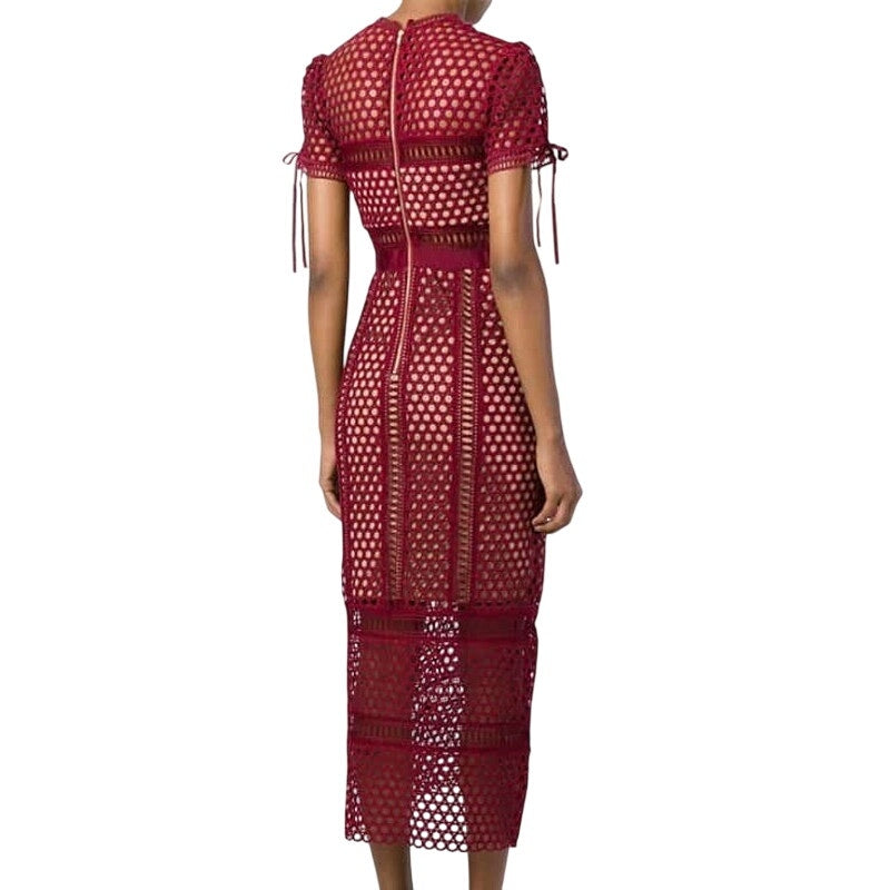 Self-Portrait Burgundy Lace Column Short Sleeve Midi Dress