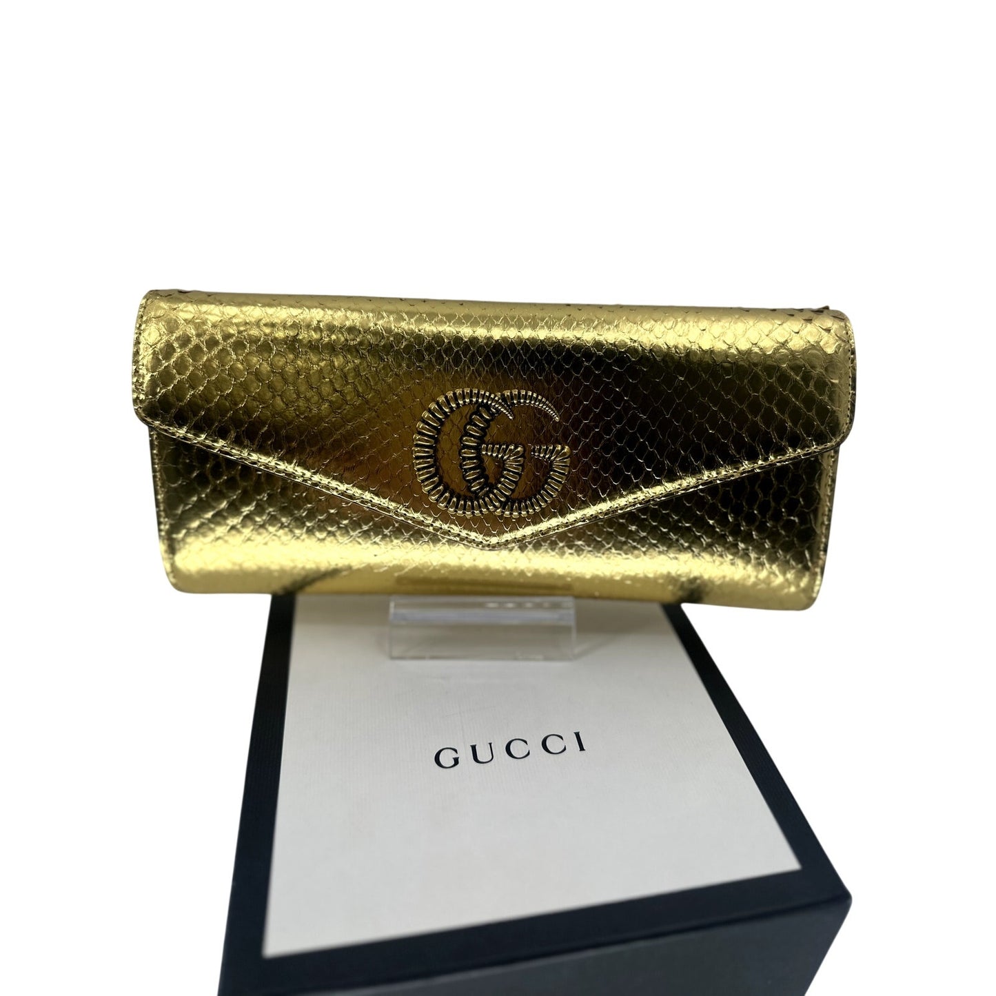 Gucci Leather Snake Skin GG Logo Broadway Clutch Bag