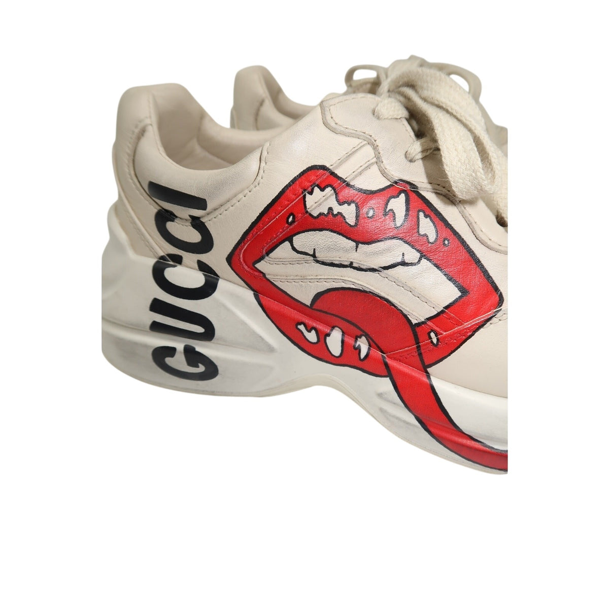 Gucci Rhyton Ivory Leather Mouth Print Lace-Up Low-Top Sneakers
