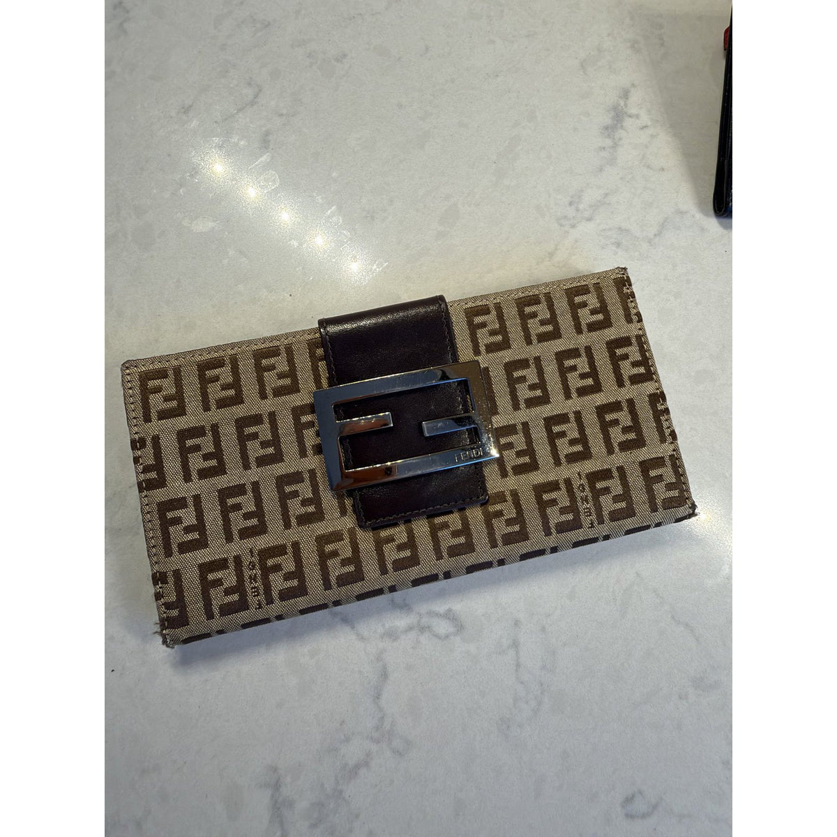 Fendi Zucca FF Canvas Long Flap Wallet Brown Silver FF Buckle