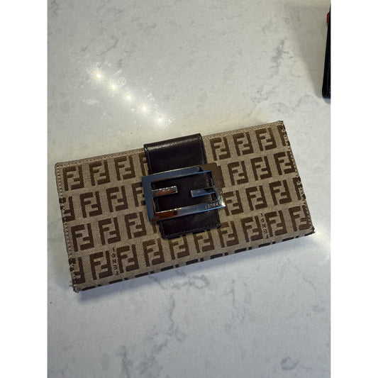 Fendi Zucca FF Canvas Long Flap Wallet Brown Silver FF Buckle