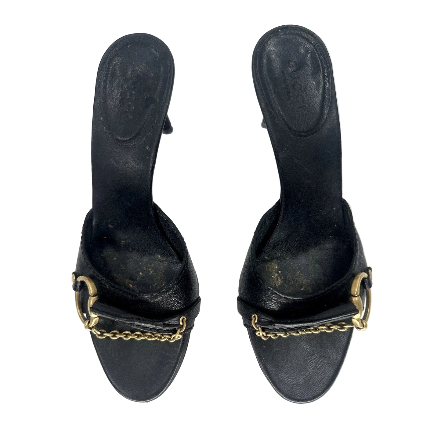 Gucci Leather Horsebit Chain Accent Slide Sandals