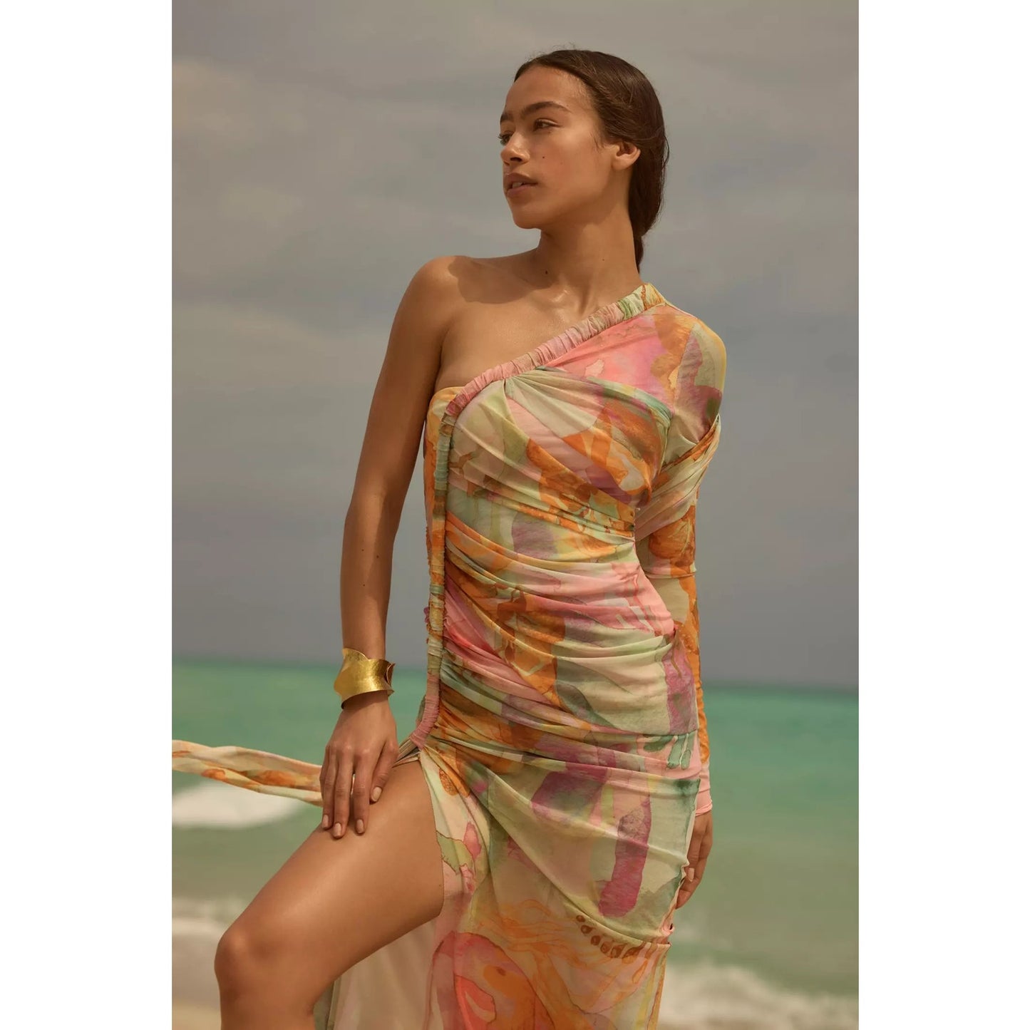 Andrea Iyamah Mesh Turi Abstract One-Shoulder Midi Dress