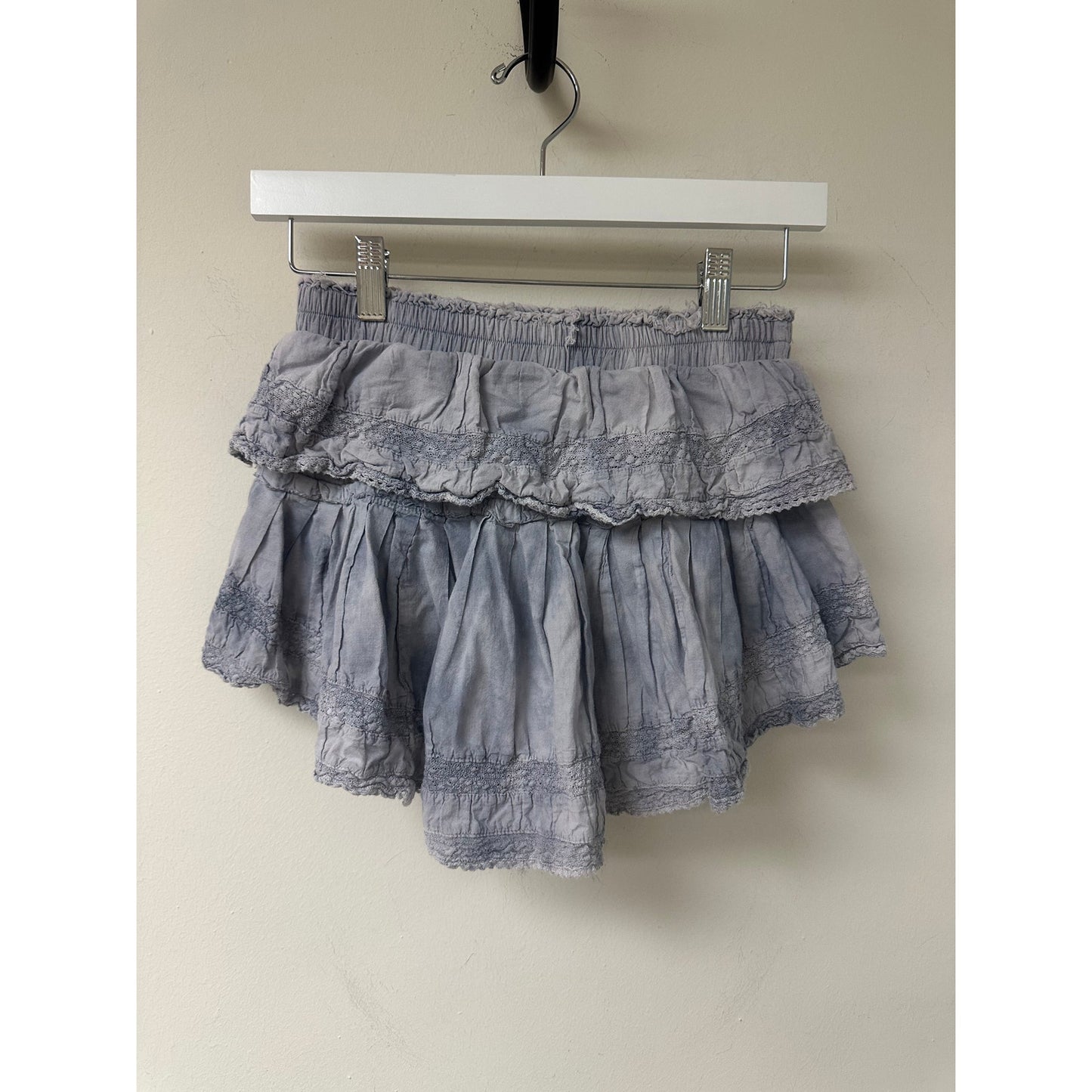 LoveShackFancy Cotton Mini Skirt with Lace Trim, Ruffles, and Pleated Tiers