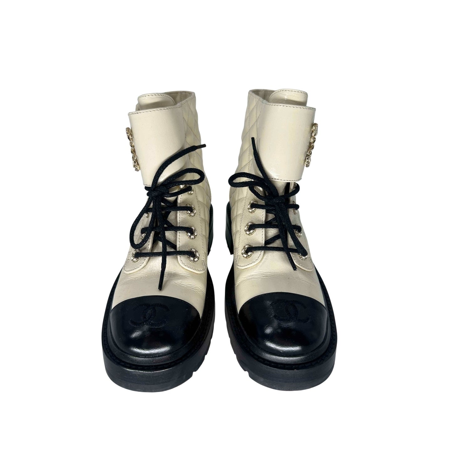 Chanel Leather Quilted CC Logo Lace Up Combat Boots