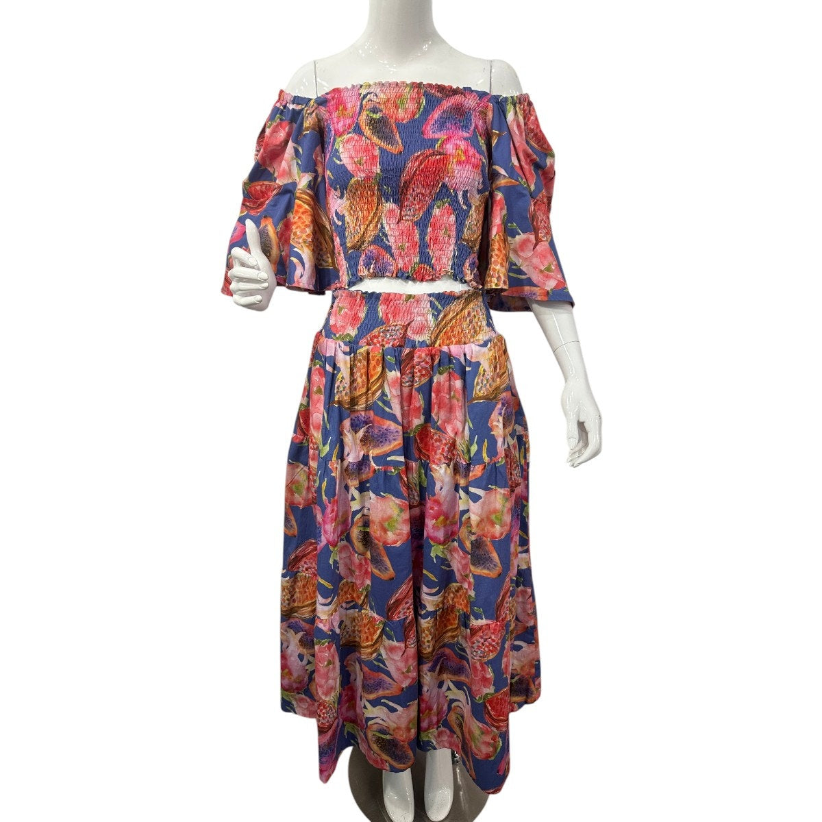 Florencia Davalos Cotton Allegra Ruched Top Reversible Skirt Set Fruit Pattern