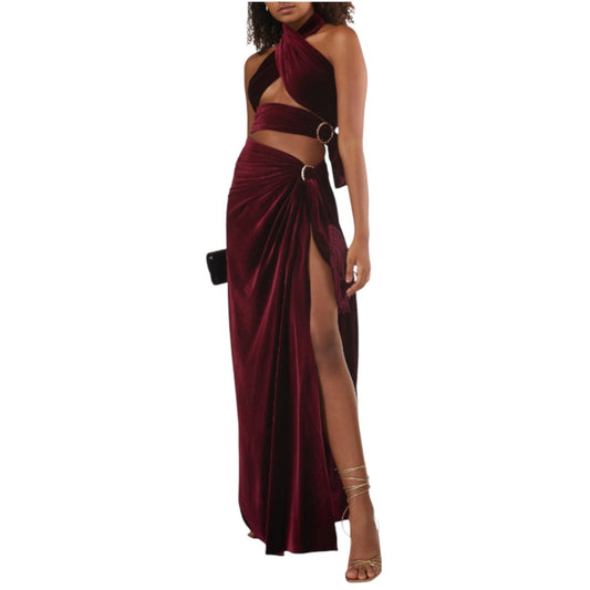 Bronx and Banco Velvet Cleopatra Wrap Maxi Dress Burgundy Women's Size 4