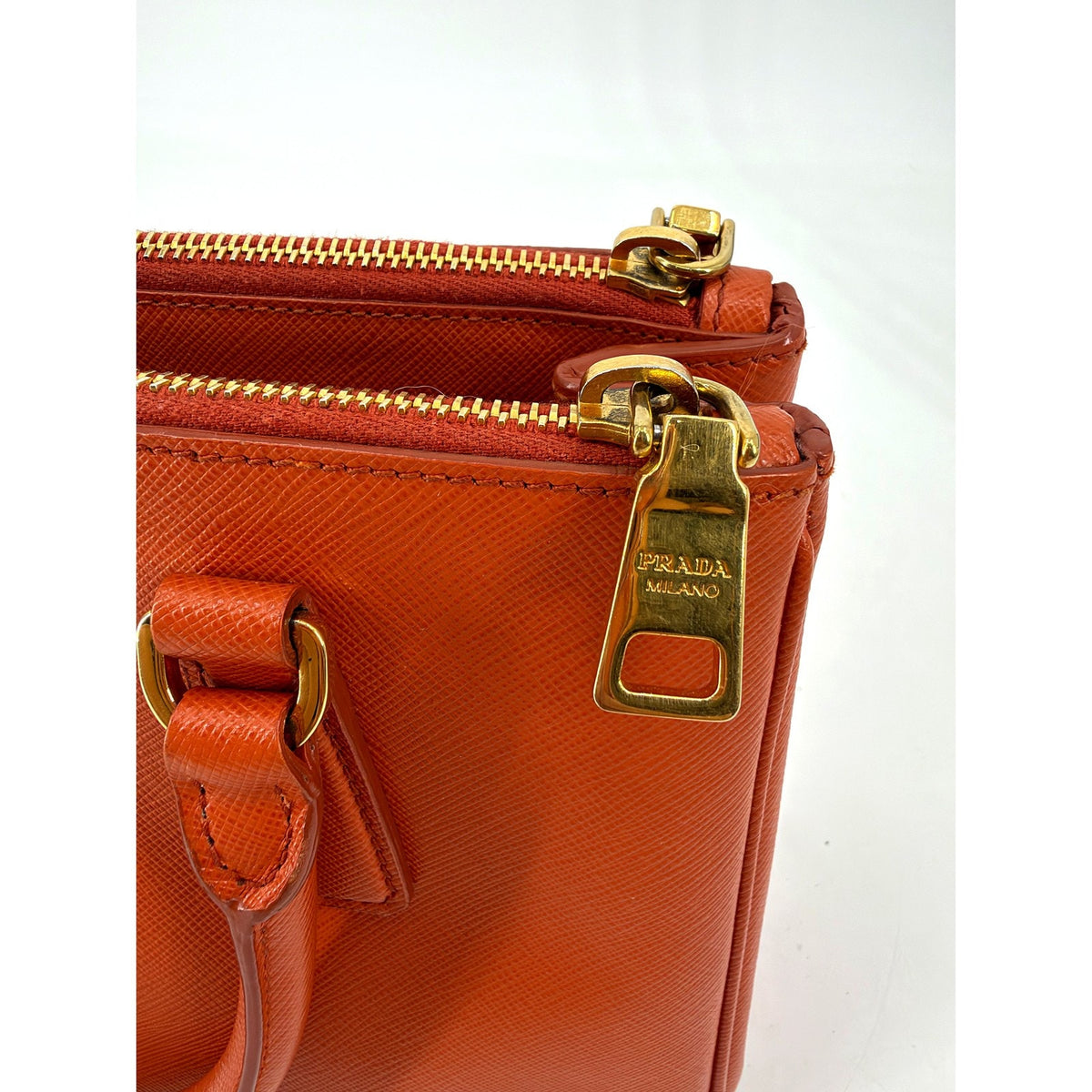 Prada Galleria Saffiano Leather Small Double Zip Tote Orange Gold Hardware Strap