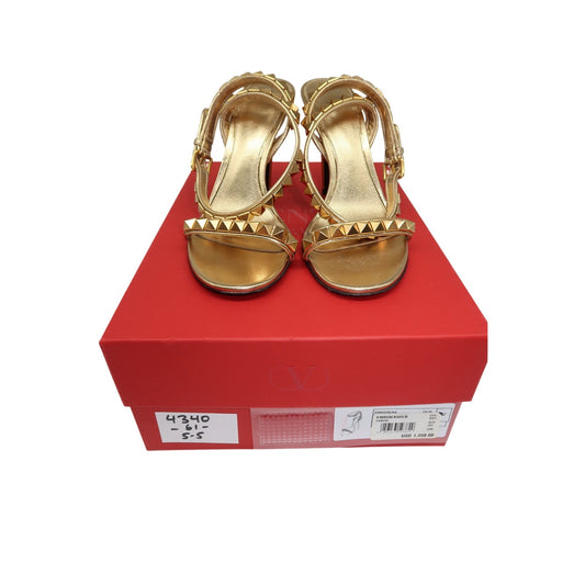 Valentino Gold Metallic Leather Rockstud Ankle Strap Sandals