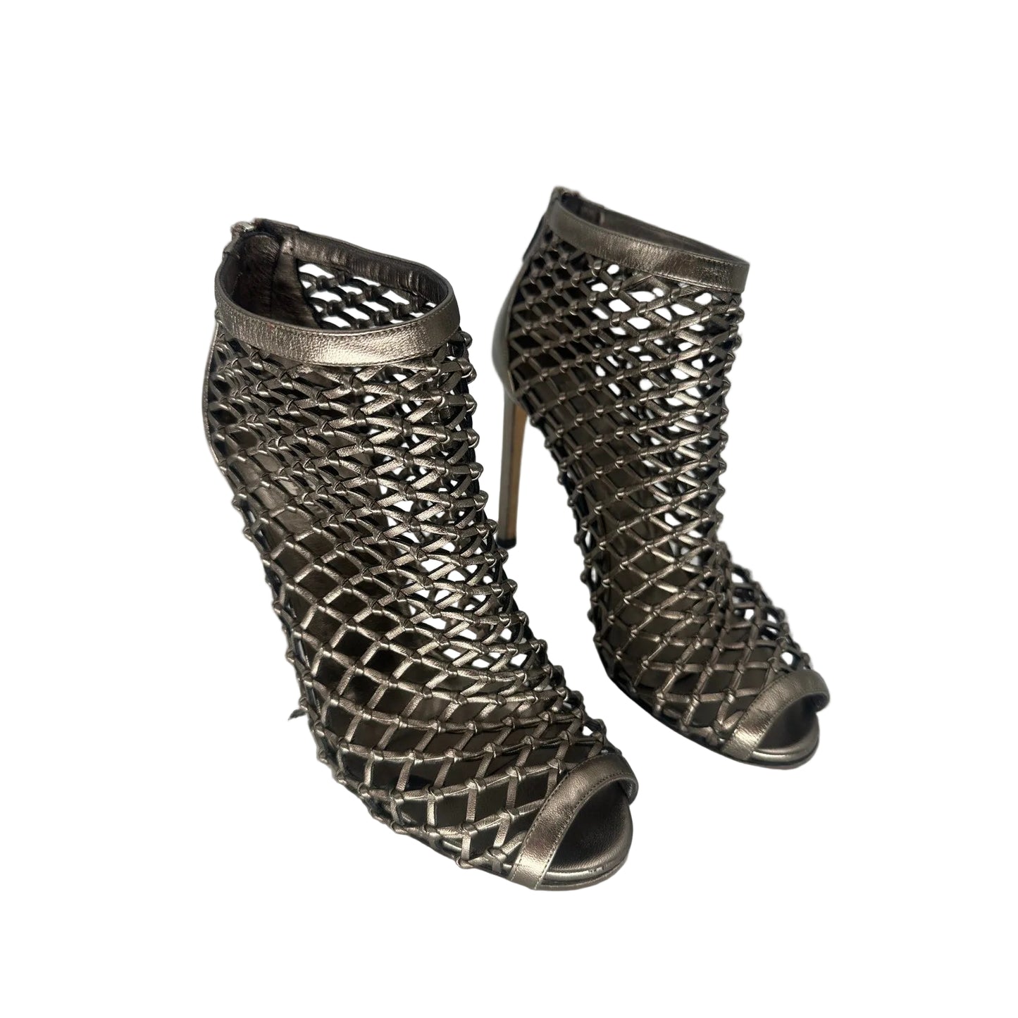 Gucci Leather Metallic Mesh Cage Peep Toe Booties Boots
