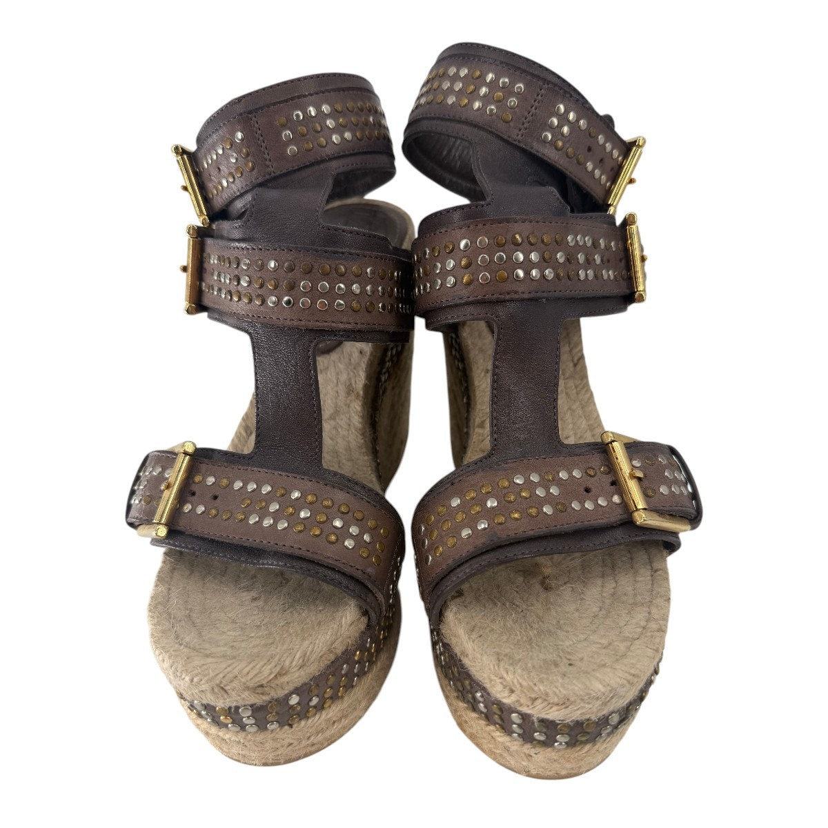 Alexander McQueen Leather Studded Platform Wedge Espadrille Brown Size 37