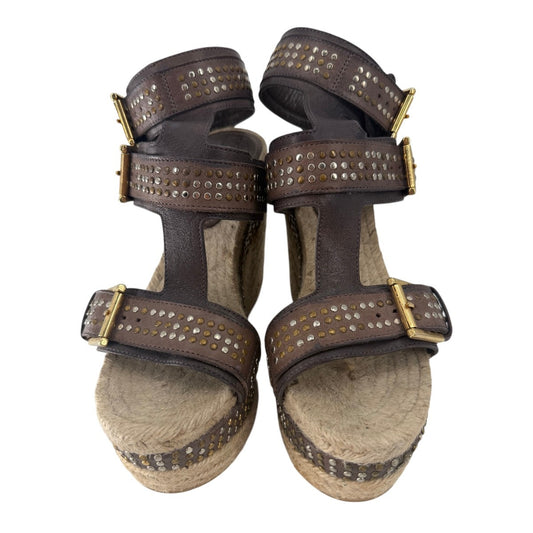 Alexander McQueen Leather Studded Platform Wedge Espadrille Brown Size 37