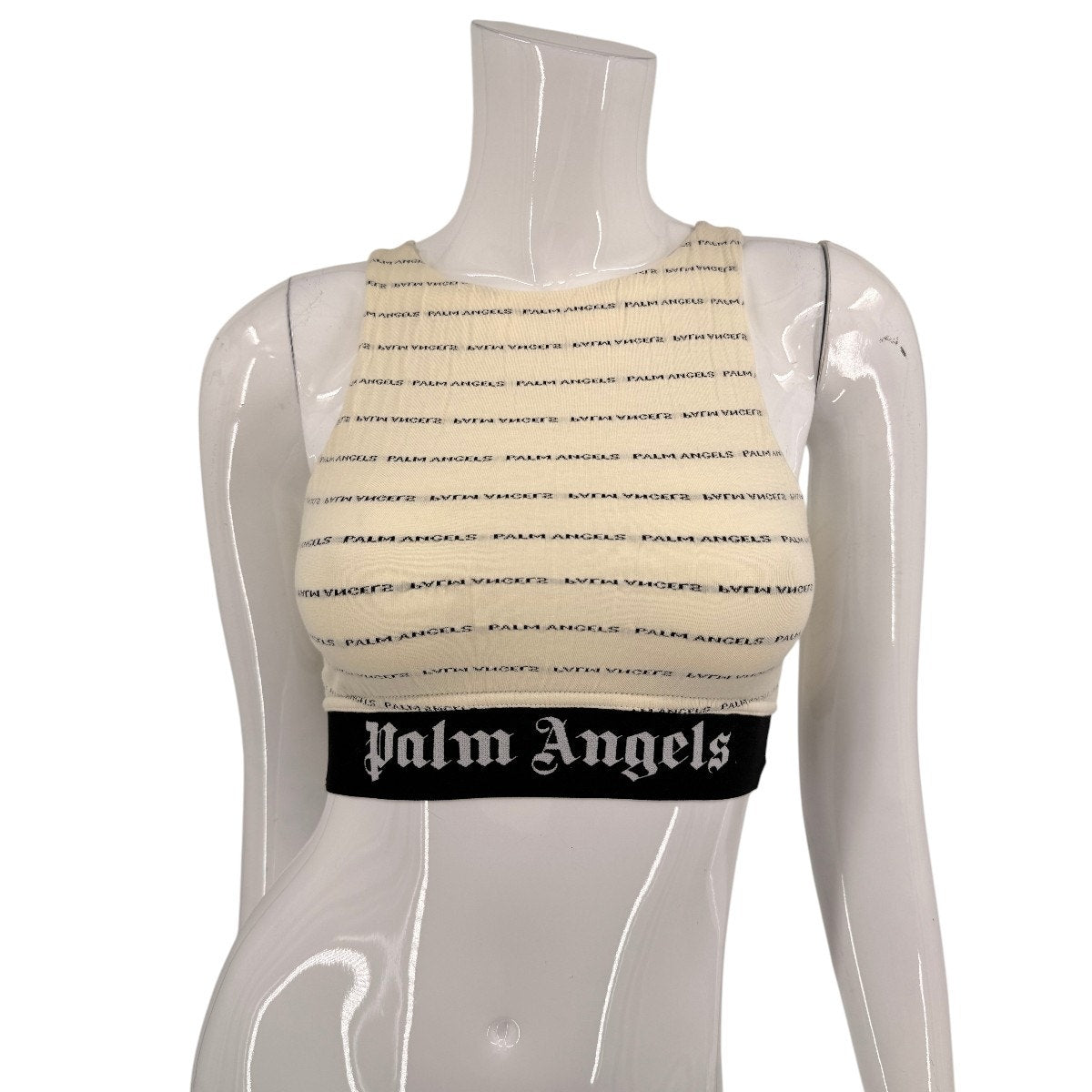 Palm Angels Cotton Blend Logo Print Crinkled Jersey Crop Top Cream Women's XS