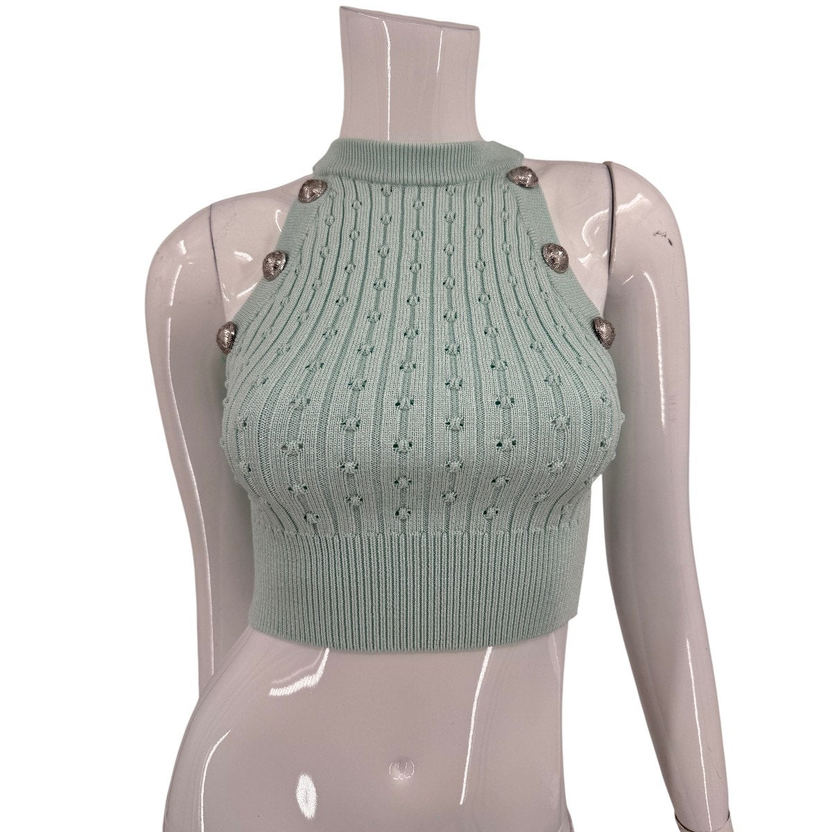 Balmain Button Embellished Ribbed Knit Cropped Tank Top Mint
