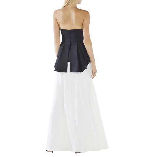 Bcbgmaxazria Evianna Strapless Pleated Peplum Maxi Dress Black/White Size 4