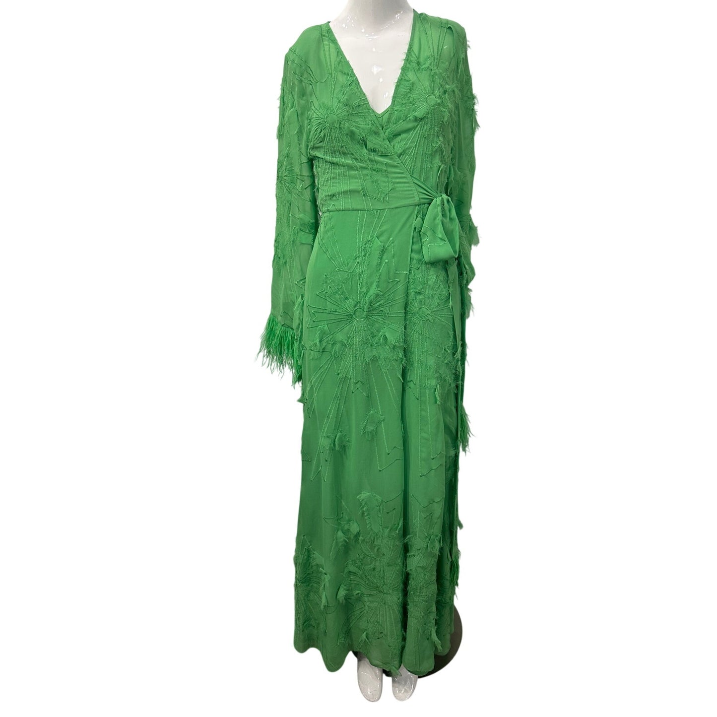 Alexis Kalin Feather Trim Long Sleeve Wrap Maxi Dress Green Women's Size S
