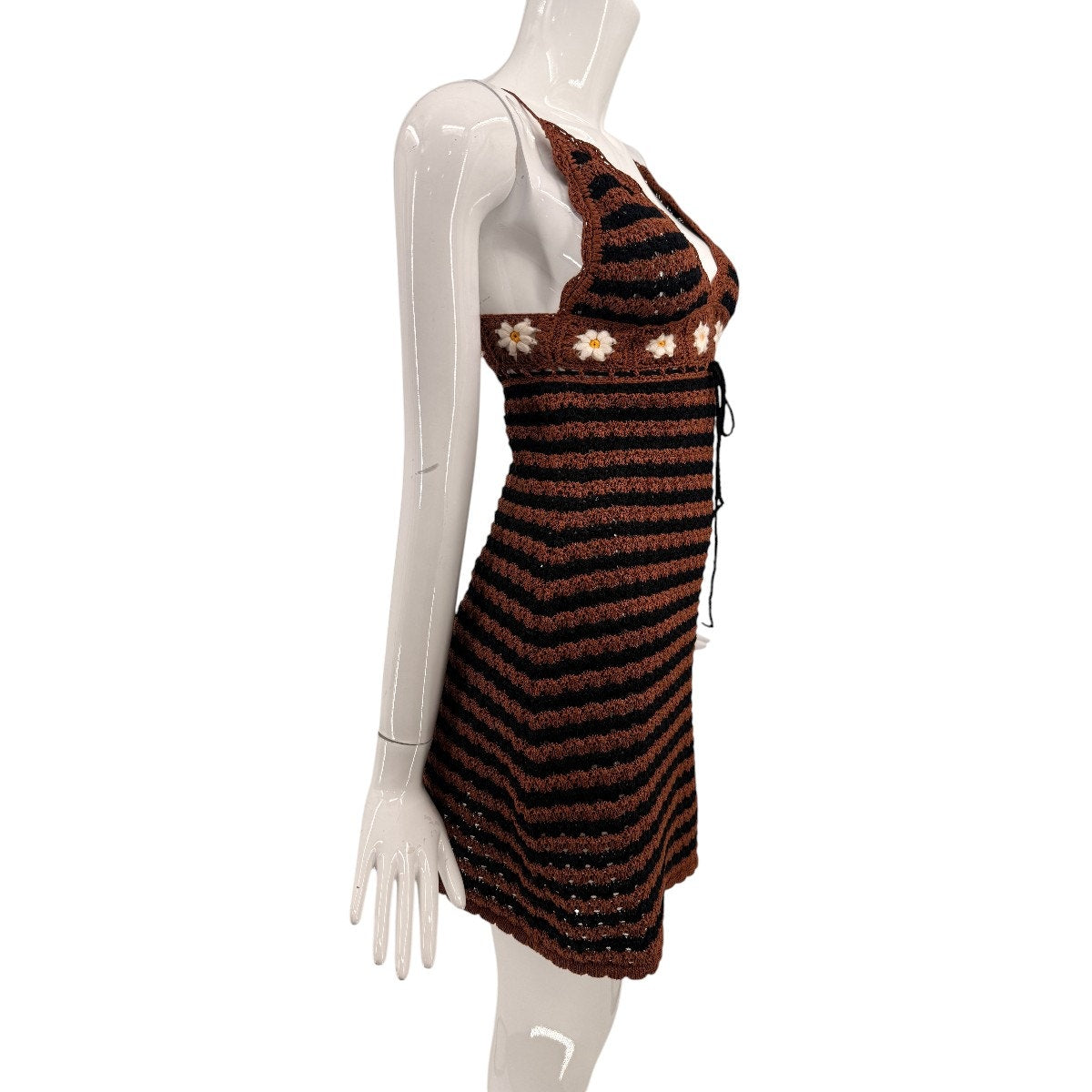 Miu Miu Cotton Floral Crochet V-Neck Mini Dress Brown Tabacco